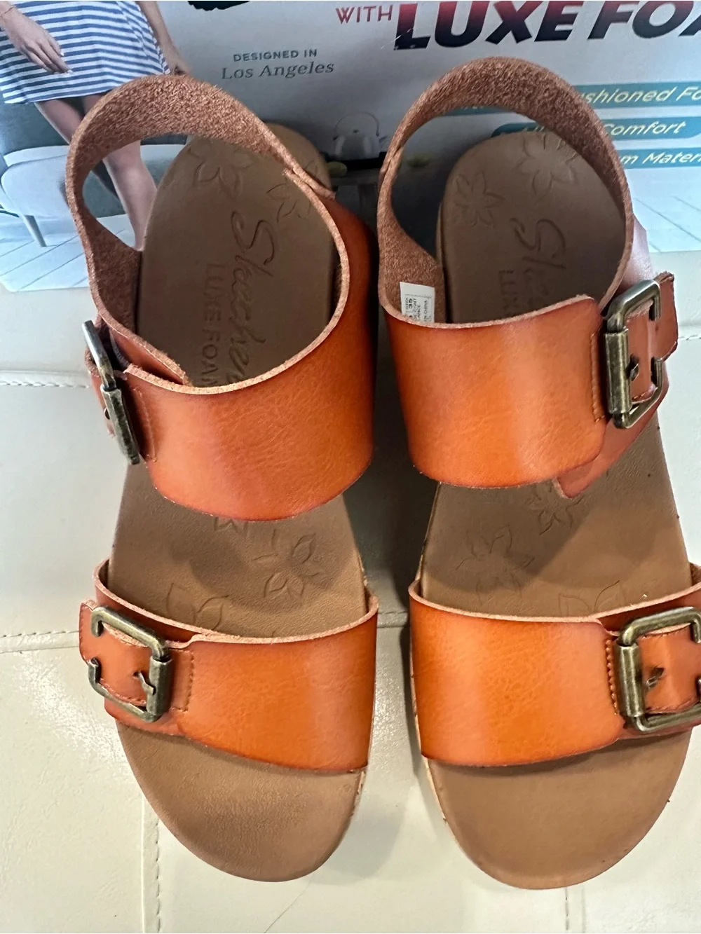 Skechers Luxe Foam Cork Wedge Sandals Chestnut Double Buckle